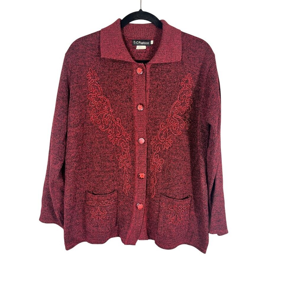 Retro Knit Sweater Cardigan XL Red Beaded Festive Holiday Classic‎ Chic Vintage